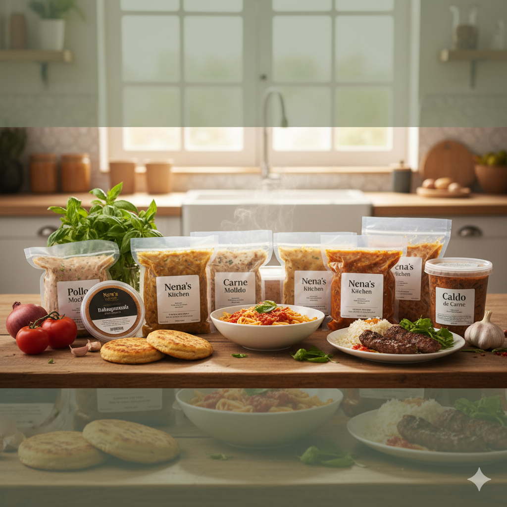 Nena’s Kitchen organic products on a kitchen table shredded chicken, ground beef, broths, and hummus, all vacuum-sealed and ready to serve.