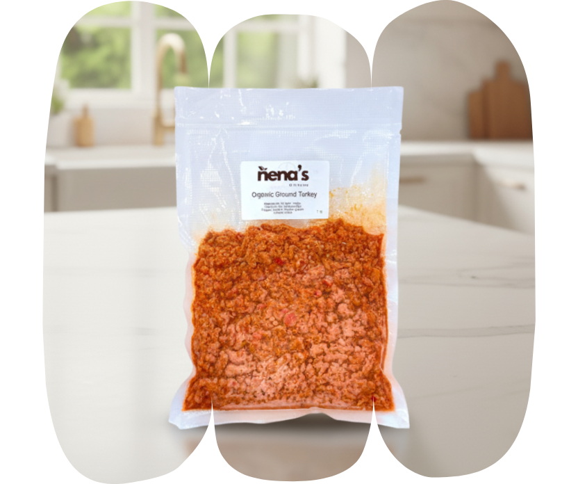 Vacuum-sealed pack of Nena’s Kitchen Organic Ground Turkey, cooked with natural spices and 100% organic ingredients, ready to heat and serve.